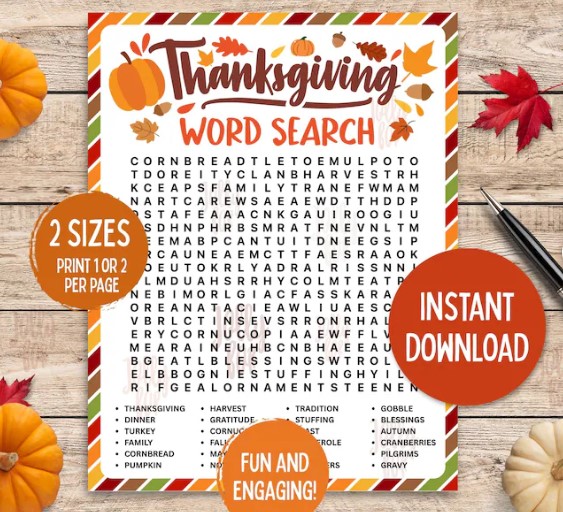 Thanksgiving Word Search Printable Game